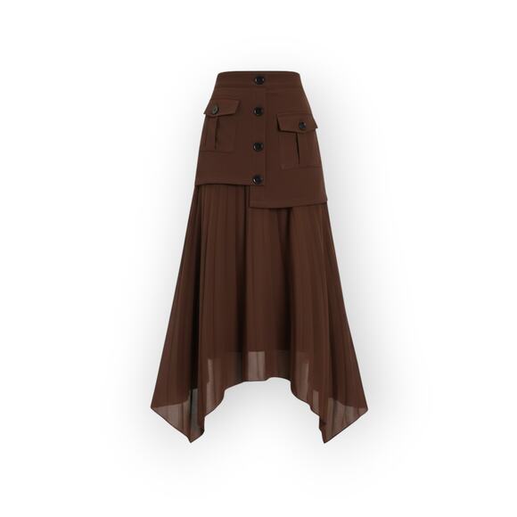 Commense Asymmetrical Pleated Skirt Brown Button Pockets S NWT Modern Minimalist - Picture 6 of 9